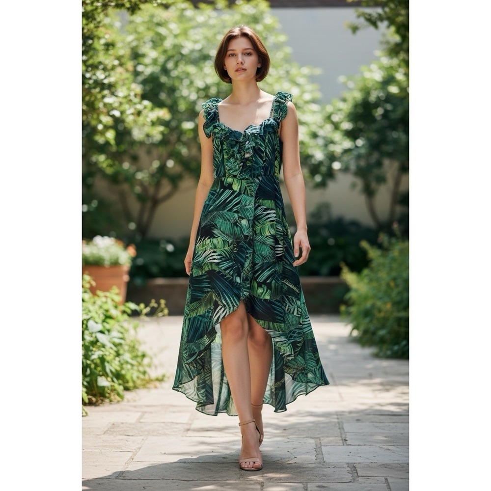Tropical‎ Palm Leaf Ruffle High Low Dress L Womens Green Resort Beach Vacation - Picture 2 of 12